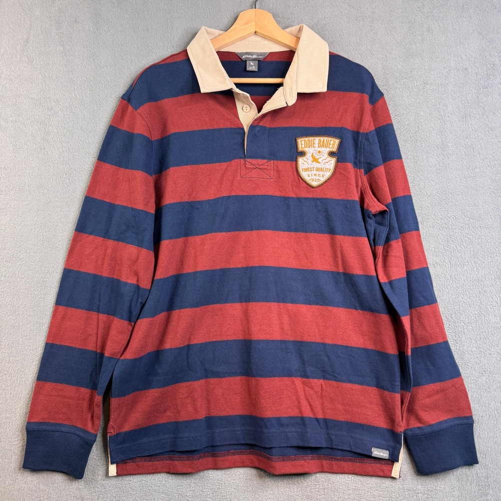 Eddie Bauer Mens Rugby Shirt Medium Red Navy Blue Striped Long Sleeve Cotton